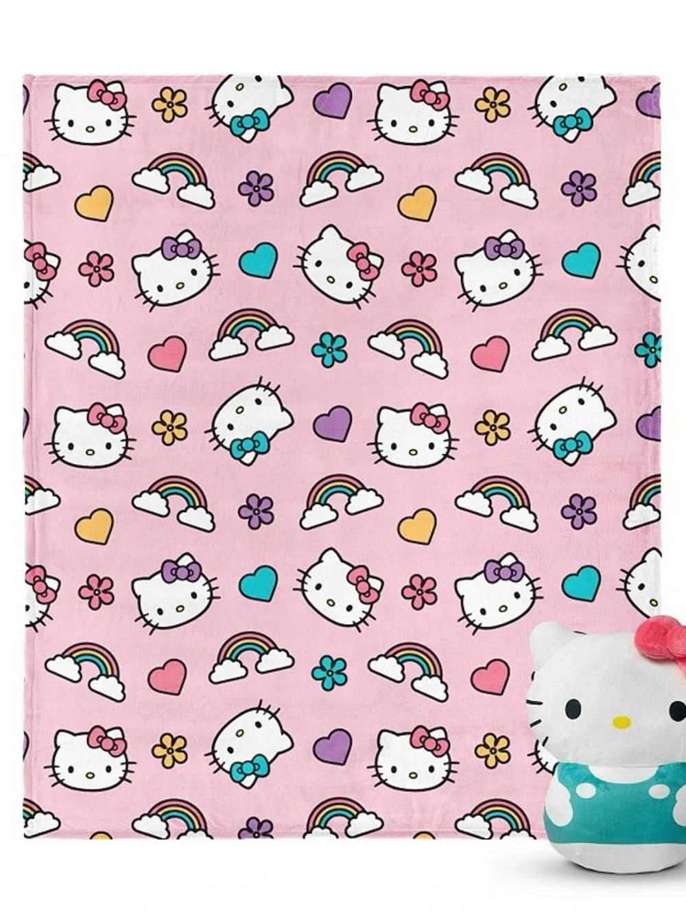 Hello Kitty Pink Plush Throw Blanket with Rainbows, Hearts & Flowers